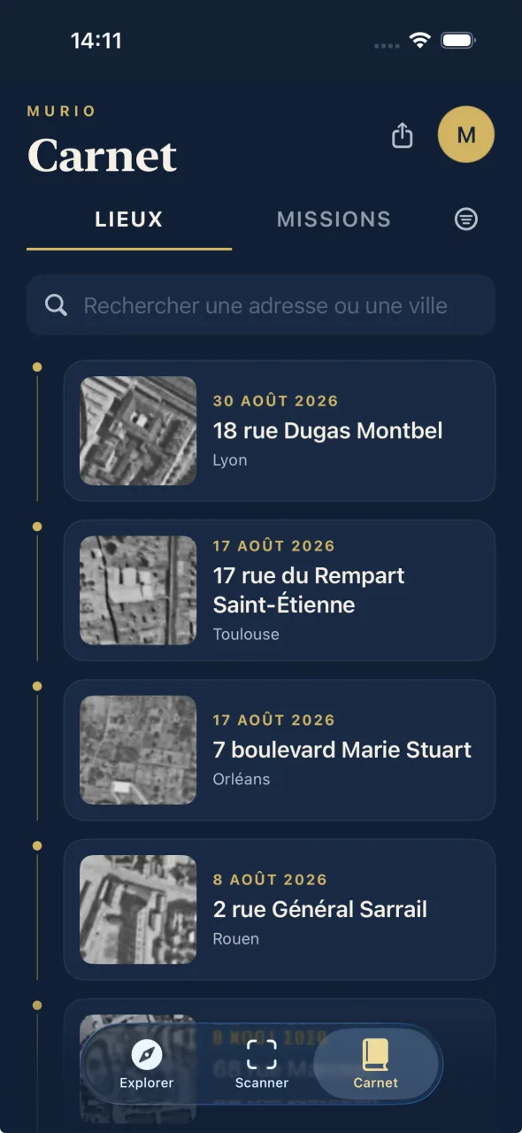 Le Carnet, onglet Lieux : les façades découvertes, chacune avec sa vue de 1950 et sa date.