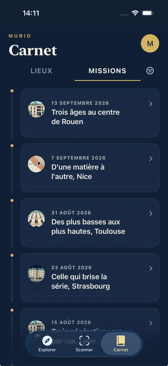 Le Carnet, onglet Missions : les Missions terminées à Rouen, Nice, Toulouse, Strasbourg.