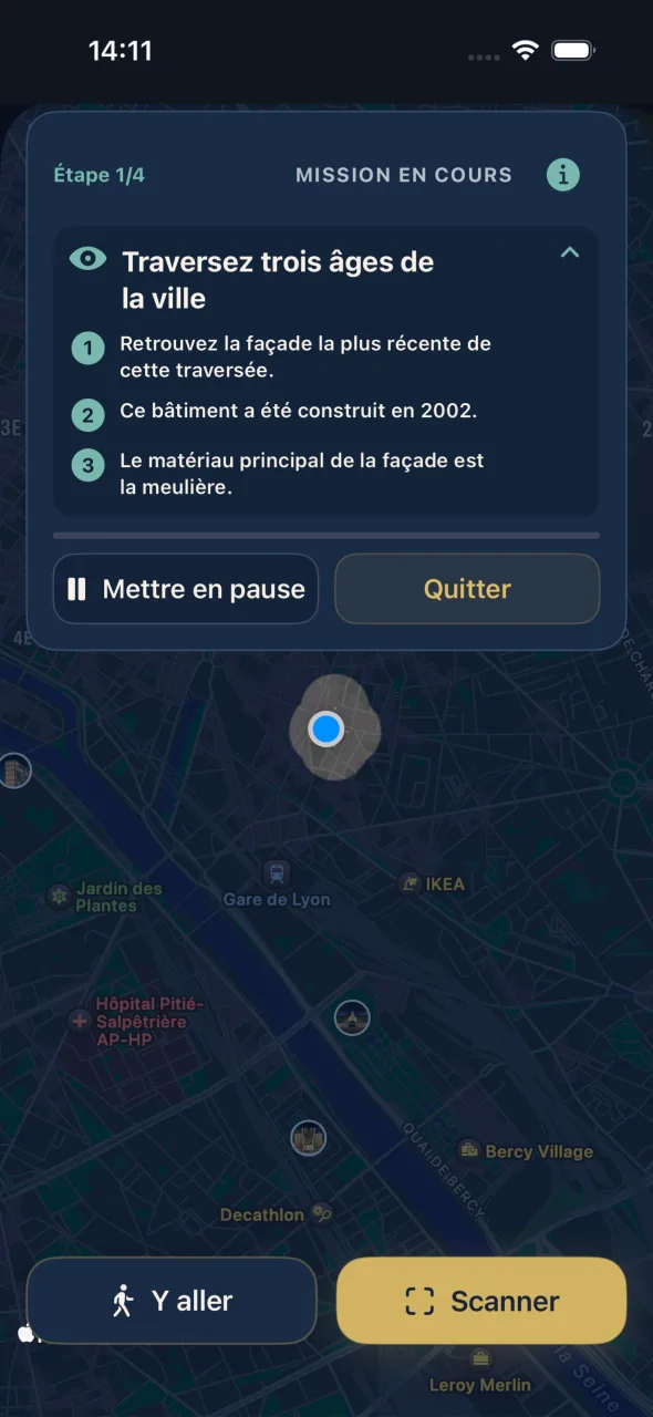 Une Mission en cours : l'étape 1 sur 4, l'indice et la zone à chercher sur la carte.