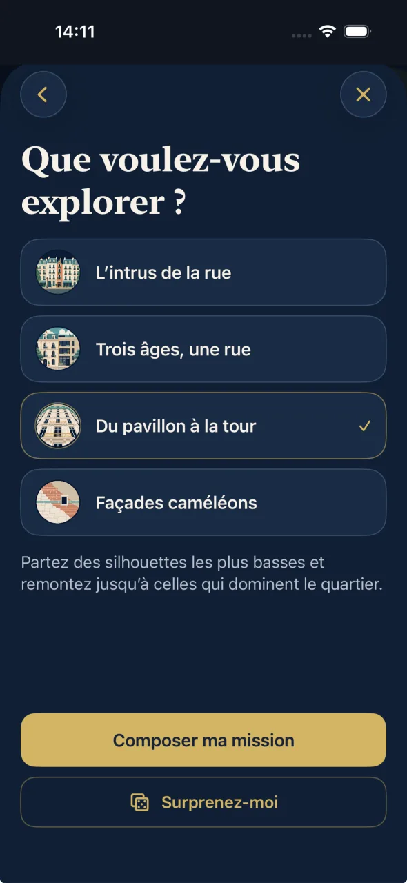 Le choix d'une Mission : les quatre thèmes, « Du pavillon à la tour » sélectionné.