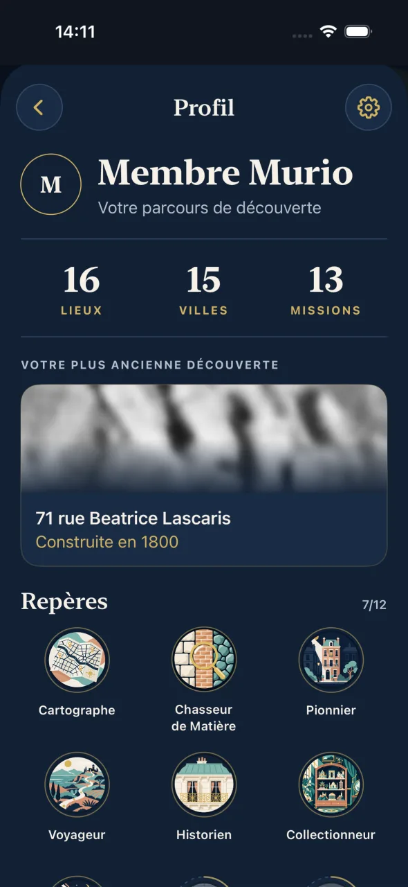 Le Profil : 16 lieux, 15 villes, 13 Missions, et les Repères gagnés.